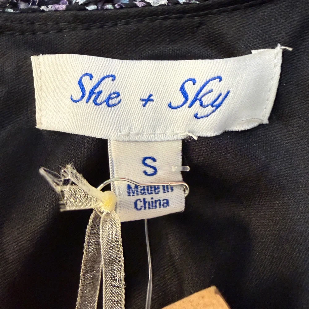 NWT She + Sky Spring Time Floral Mini Dress Small Black Lavender Ruffle V Neck